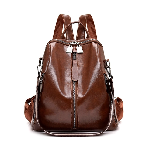 Vintage PU Leather Backpack For Women Large Capacity Anti-theft School Bag Retro Oil Wax Texture Travel Casual Backpack