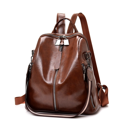 Vintage PU Leather Backpack For Women Large Capacity Anti-theft School Bag Retro Oil Wax Texture Travel Casual Backpack