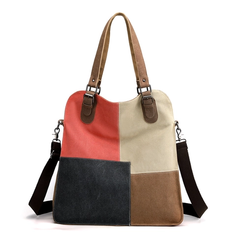 Sac Cabas En Toile Patchwork Grande Capacité Vintage Color Block Sac À Main Bandoulière Avec Poignées En Cuir Et Bandoulière