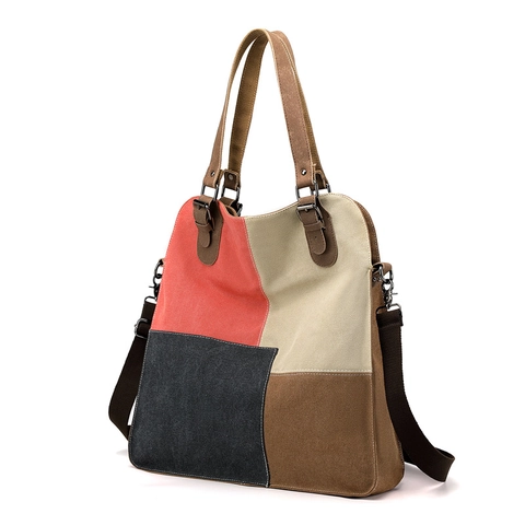 Sac Cabas En Toile Patchwork Grande Capacité Vintage Color Block Sac À Main Bandoulière Avec Poignées En Cuir Et Bandoulière