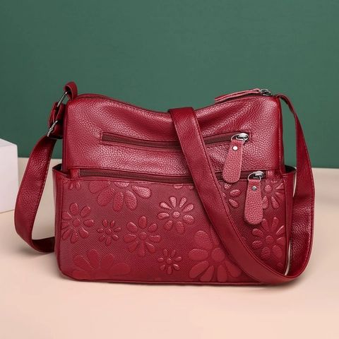 Sac À Épaule Femme Cuir PU Motif Lychee Gaufrage Floral Multi Fermetures Éclair Sac Bandoulière Grande Capacité Décontracté