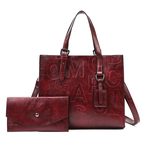 Bolso Tote de Cuero PU Vintage para Mujer Y Estuche Con Letras en Relieve Bolso de Mano Gran Capacidad Bandolera Ajustable