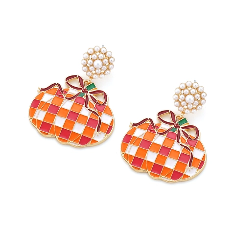Pumpkin Drop Earrings Enamel Checkerboard Pattern With Imitation Artificial Pearl Cluster Studs Bowknot Halloween Holiday Jewelry