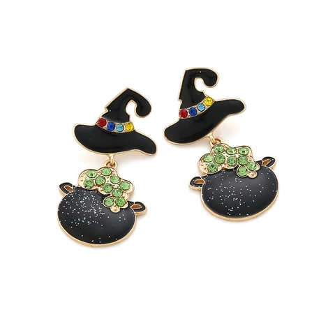 Halloween Heksenhoed En Heksenketel Oorbellen Legering Emaille Strass Sieraden Voor Dames