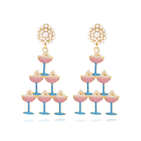 Creative Cocktail Glass Dangle Earrings With Artificial Pearl Flower And Enamel Champagne Glass Pyramid Gold Plated Alloy Party Jewelry