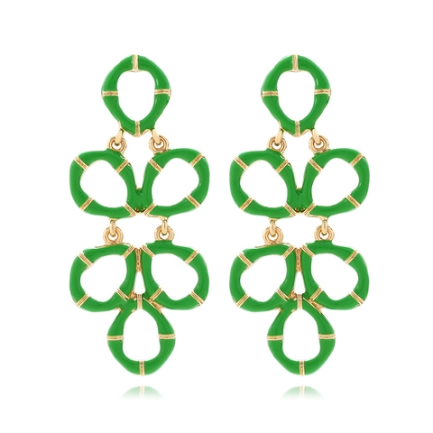 Boucles D'oreilles Pendantes En Émail Vert Joint De Bambou Alliage Plaqué Or Multi Couches Longues Femmes Style Station