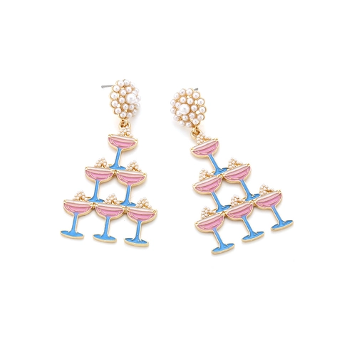 Creative Cocktail Glass Dangle Earrings With Artificial Pearl Flower And Enamel Champagne Glass Pyramid Gold Plated Alloy Party Jewelry