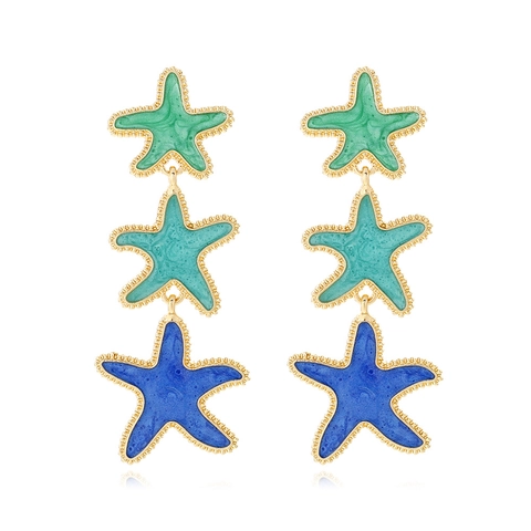 Three Tier Starfish Drop Earrings Alloy Enamel Ocean Beach Summer Vacation Long Dangle Vintage Jewelry For Women