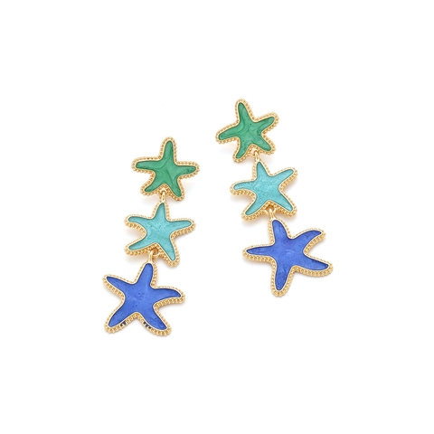 Three Tier Starfish Drop Earrings Alloy Enamel Ocean Beach Summer Vacation Long Dangle Vintage Jewelry For Women