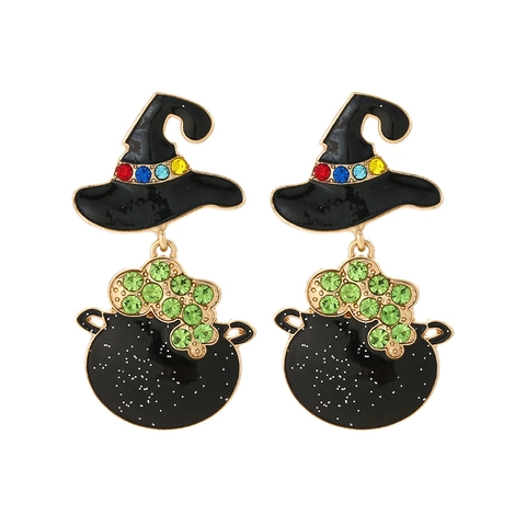 Halloween Witch Hat And Cauldron Drop Earrings Alloy Enamel Rhinestone Novelty Jewelry For Women