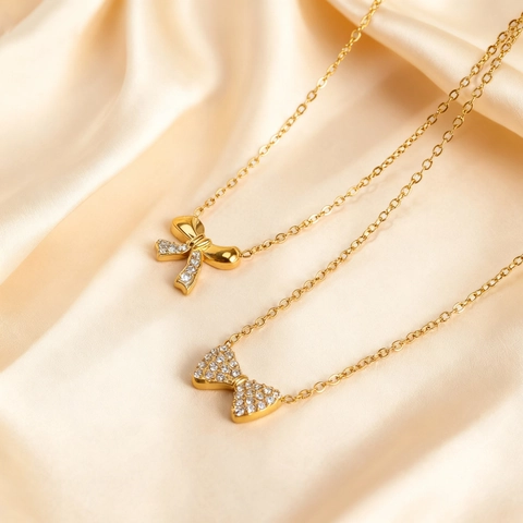 Bowknot Zircon Pendant Necklace Titanium Steel Plated Gold Jewelry For Women Elegant Niche Design Minimalist Luxury