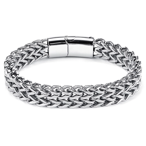 Bracciale Catena Pesante Acciaio Inossidabile Trama Spiga Fibbia Magnetica Lucidato Gioielli Punk Per Uomini Donne