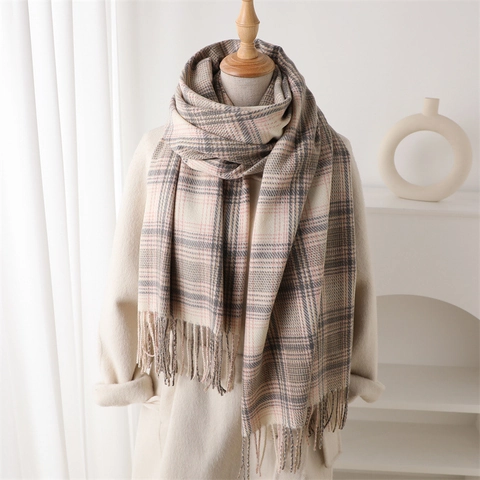 Sciarpa A Quadri Imitazione Cashmere Caldo Scialle Con Nappe Inverno Moda Versatile Avvolgente Morbido Per Donna
