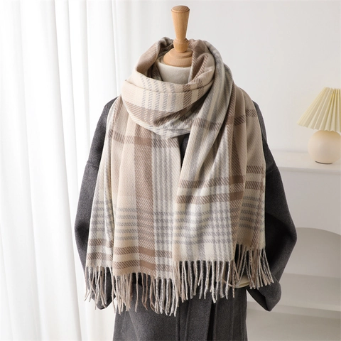 Karierter Winterschal Verdickt Warm Weich Polyester Plaid Schal Mit Fransen Gemütliche Lange Halswickel Für Damen