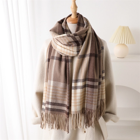 Karierter Winterschal Verdickt Warm Weich Polyester Plaid Schal Mit Fransen Gemütliche Lange Halswickel Für Damen