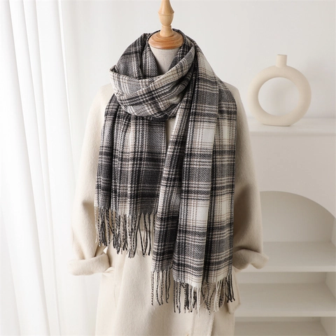 Sciarpa A Quadri Imitazione Cashmere Caldo Scialle Con Nappe Inverno Moda Versatile Avvolgente Morbido Per Donna