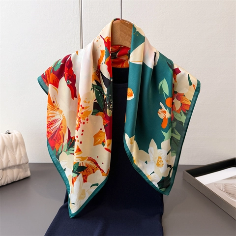 Foulard Carré Femmes Imitation Satin Polyester Imprimé Lapin Floral Polyvalent Luxe Élégant Écharpe