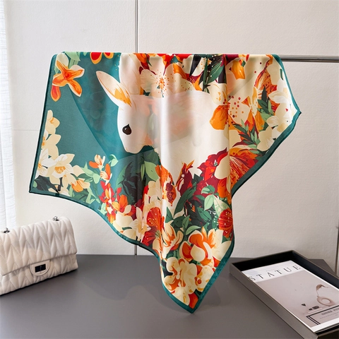 Foulard Carré Femmes Imitation Satin Polyester Imprimé Lapin Floral Polyvalent Luxe Élégant Écharpe