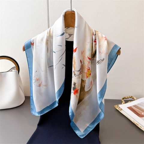 Foulard Quadrato Con Stampa Magnolia Imitazione Raso Satin Sciarpa Da Collo Elegante Versatile Per Donna
