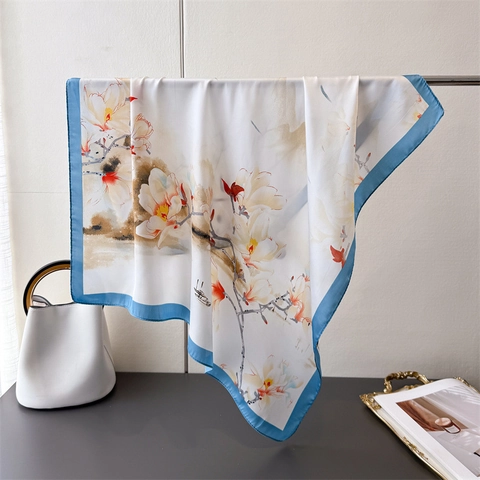 Foulard Quadrato Con Stampa Magnolia Imitazione Raso Satin Sciarpa Da Collo Elegante Versatile Per Donna