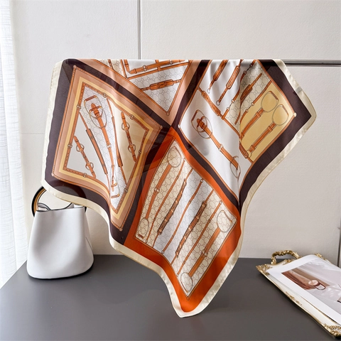 Vintage Printed Square Scarf Polyester Satin Satin Neck Tie Hair Wrap Bandana Shawl For Women Elegant Retro Accessory