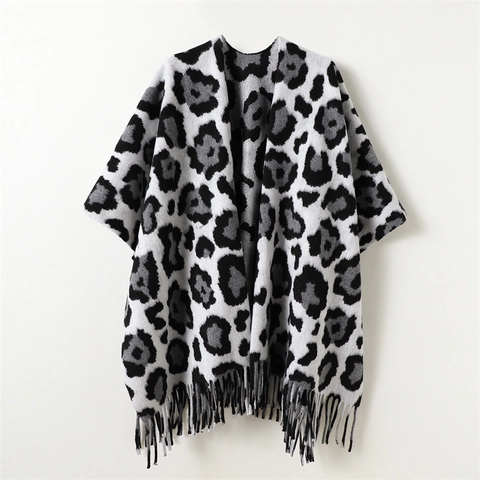 Scialle Con Stampa Leopardata Mantella Poncho Wrap Per Donna Inverno Caldo Maglia Doppia Faccia Con Nappe
