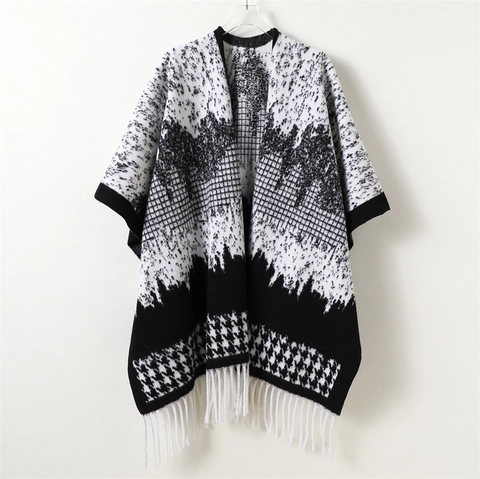 Poncho In Maglia Da Donna Mantella Motivo Pied De Poule Sciarpa Con Nappe Avvolgente Invernale Calda Retrò Elegante Unisex