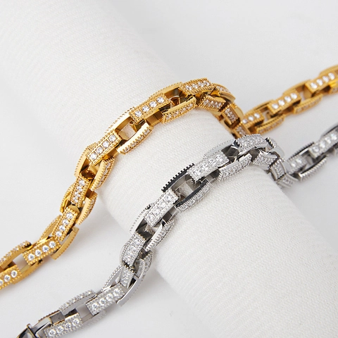 Hip Hop Iced Out Cuban Link Bracelet 316L Stainless Steel With Pave Zircon Geometric Rectangular Chain Jewelry