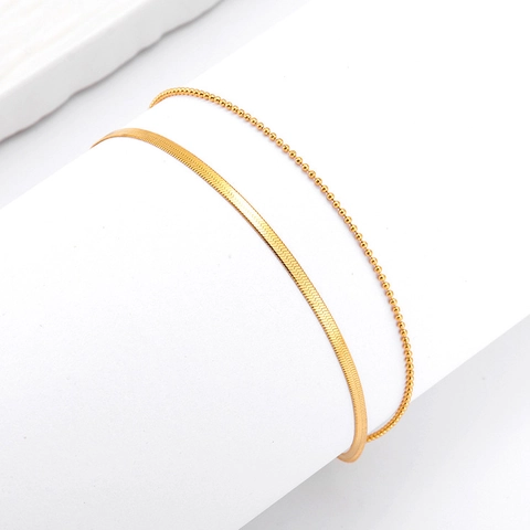 Pulsera Doble Capa Acero Inoxidable Cadena Serpiente Y Cuentas Bañado Oro 18K Joyería Minimalista De Moda Mujeres Hombres