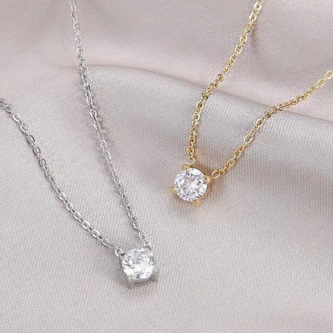 Minimalist Round Zircon Pendant Necklace Stainless Steel Clavicle Chain Four Claw Setting Elegant Jewelry For Women