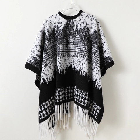 Poncho In Maglia Da Donna Mantella Motivo Pied De Poule Sciarpa Con Nappe Avvolgente Invernale Calda Retrò Elegante Unisex