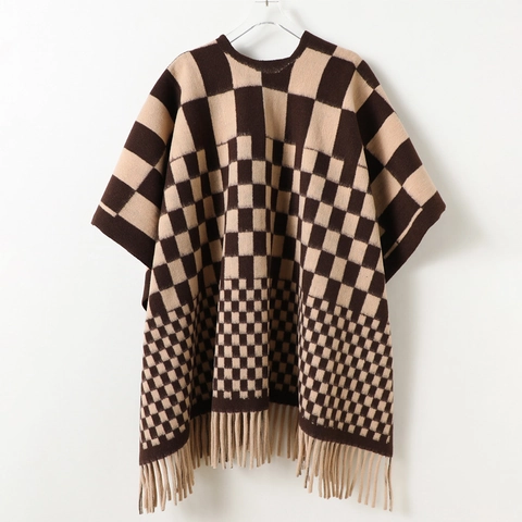 Châle Poncho En Tricot À Damiers Rétro En Polyester Chaud Avec Glands Accessoires D'hiver Mixtes
