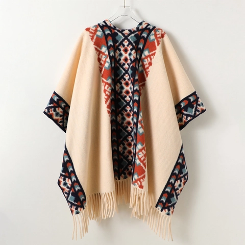Bohemian Geometric Pattern Knitted Shawl Wrap With Fringe Warm Ethnic Style Open Front Poncho Cape For Women Winter Wear