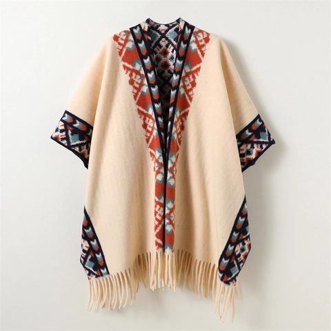 Bohemian Geometric Pattern Knitted Shawl Wrap With Fringe Warm Ethnic Style Open Front Poncho Cape For Women Winter Wear