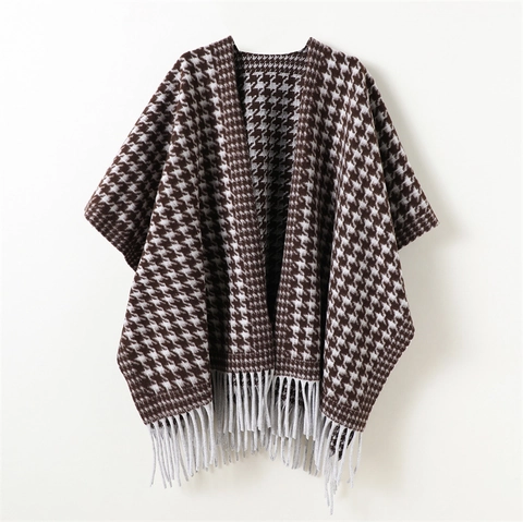 Vintage Houndstooth Poncho Cape For Women Men Winter Warm Tassel Shawl Wrap Polyester Knit Open Front Cardigan Outwear