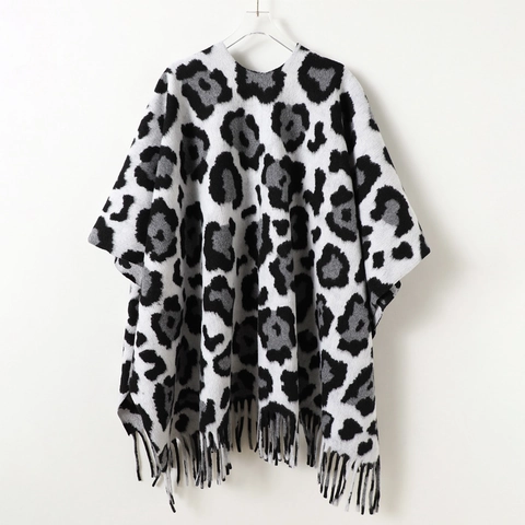 Scialle Con Stampa Leopardata Mantella Poncho Wrap Per Donna Inverno Caldo Maglia Doppia Faccia Con Nappe