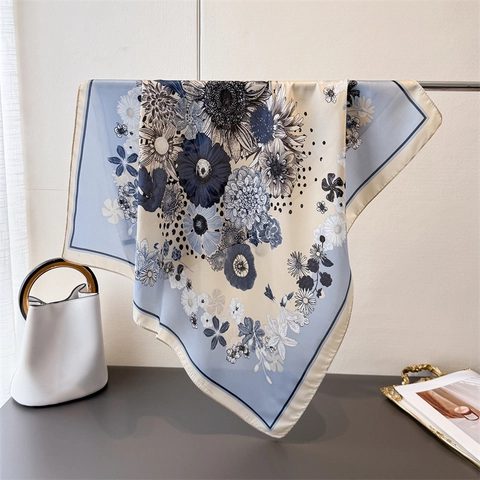 Women Elegant Floral Print Satin Square Scarf Polyester Silk Like Lightweight Bandana Sunflower Pattern Fashion Neck Wrap Headscarf Accessory