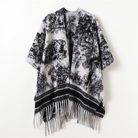 Poncho Scialle Donna Poliestere Morbido Caldo Pittura A Inchiostro Doppia Faccia Nappe Frange Stile Retro Aperto
