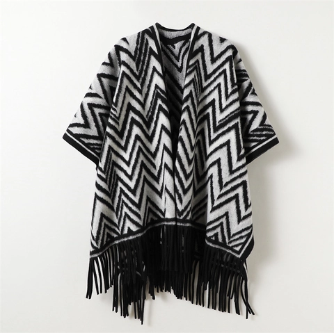 Poncho Écharpe D'Hiver Chaud Polyester Motif Zigzag Gland Double Face Pour Homme Femme