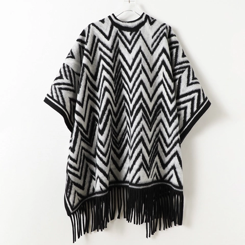 Poncho Écharpe D'Hiver Chaud Polyester Motif Zigzag Gland Double Face Pour Homme Femme