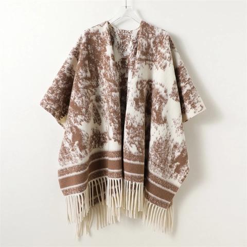 Poncho Scialle Donna Poliestere Morbido Caldo Pittura A Inchiostro Doppia Faccia Nappe Frange Stile Retro Aperto