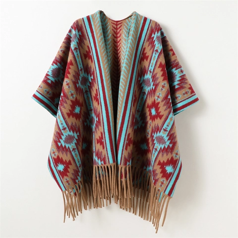 Poncho Scialle Sciarpa Motivo Geometrico Donna Uomo Bohemien Etnico Nappa Frangia Maglia Caldo Morbido Poliestere