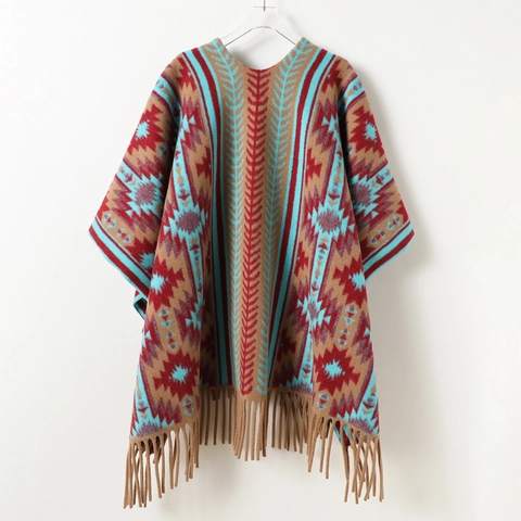 Poncho Scialle Sciarpa Motivo Geometrico Donna Uomo Bohemien Etnico Nappa Frangia Maglia Caldo Morbido Poliestere
