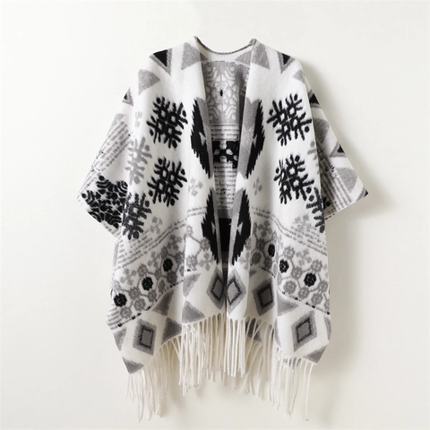 Poncho Scialle Fiocco Di Neve Geometrico Sciarpa Invernale Calda Con Nappe Stile Boho Etnico Per Uomo E Donna Maglia In Poliestere
