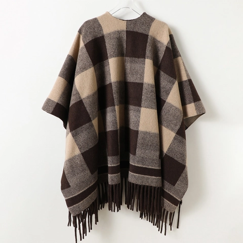 Geruite Sjaal Cape Met Kwastjes Polyester Dubbelzijdig Open Voorzijde Warm Herfst Winter Britse Stijl Elegante Wikkel