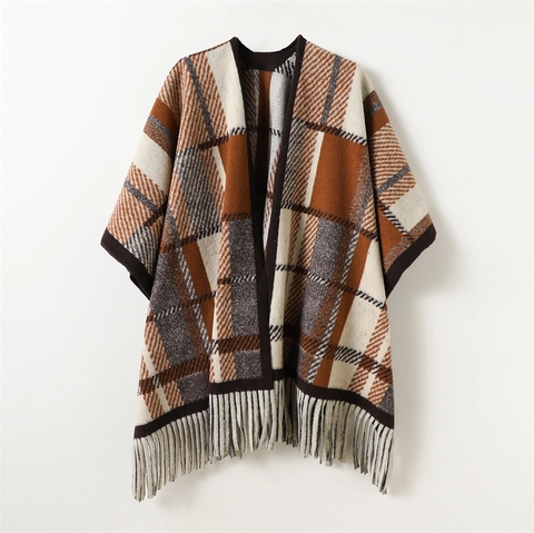 Chal Poncho De Cuadros Mujeres Hombres Poliéster Imitación Cachemira Reversible Bloque De Color Abrigo Extragrande Borlas Invierno Cálido Capa