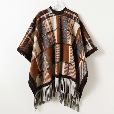 Chal Poncho De Cuadros Mujeres Hombres Poliéster Imitación Cachemira Reversible Bloque De Color Abrigo Extragrande Borlas Invierno Cálido Capa