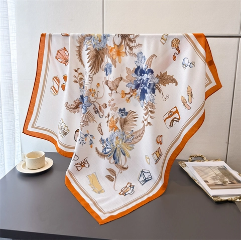 Pañuelo Cuadrado Con Estampado Floral Para Mujer Textura De Satén Tejido De Espiga Chal Retro Elegante