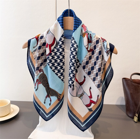 Equestrian Horse Print Square Scarf Satiny Satin Texture Geometric Houndstooth Patchwork Elegant Neck Head Wrap Women