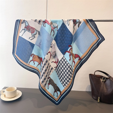Equestrian Horse Print Square Scarf Satiny Satin Texture Geometric Houndstooth Patchwork Elegant Neck Head Wrap Women